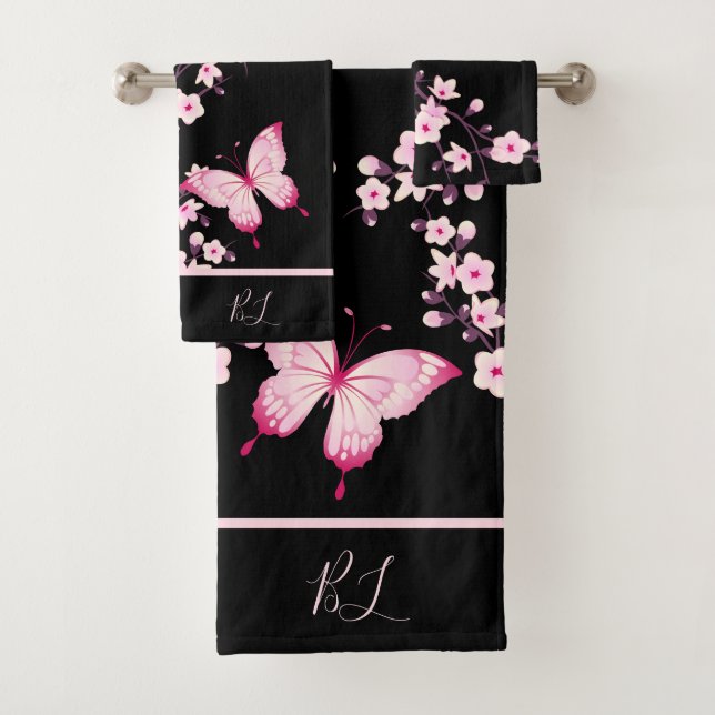 Conjunto De Toalhas Borboleta Floral Preto Rosa Monograma (Insitu)