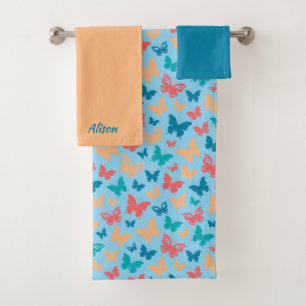 Conjunto De Toalhas Borboleta-padrão simples azul-turquesa-rosa-bege