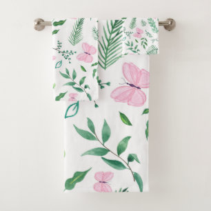 Conjunto De Toalhas Borboleta Rosa Verde Botânico Molereca