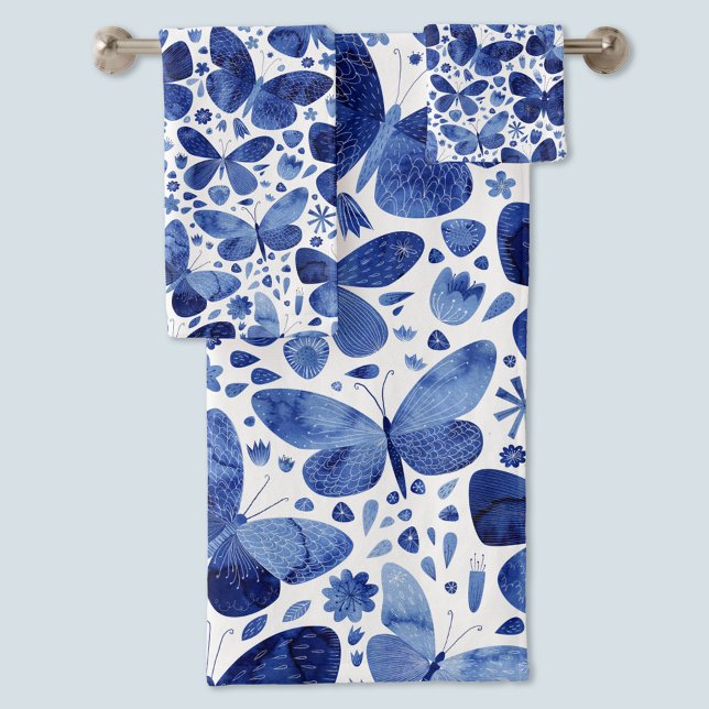 Conjunto De Toalhas Borboletas Aquarela Azul (Blue watercolor butterfly pattern towels)