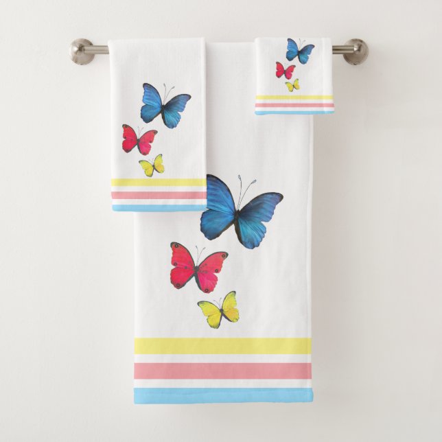 Conjunto De Toalhas Borboletas Azuis Vermelhas Amarelas (Insitu)