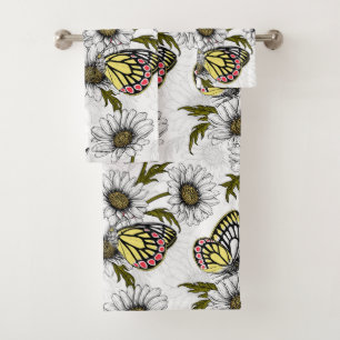 Conjunto De Toalhas Borboletas de Jezebel e flores margaridas em branc