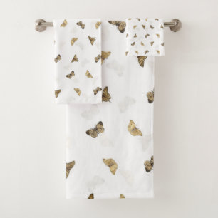 Conjunto De Toalhas Borboletas Douradas Brancas Elegantes