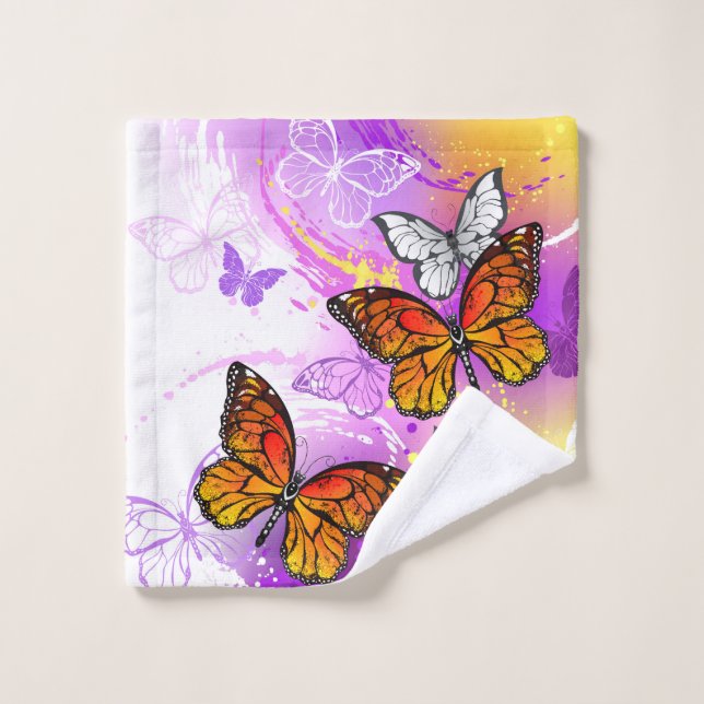 Conjunto De Toalhas Borboletas Monarcas em Fundo Roxo (Pano de lavar)
