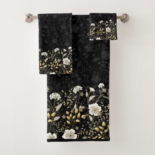 Conjunto De Toalhas Borda Floral bonito Desenvolvida Contra Fundo Pret (Insitu)