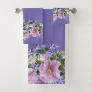 Conjunto De Toalhas Borda Floral Hollyhocks no Fundo Periwinkle