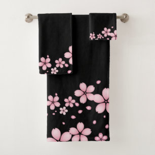 Conjunto De Toalhas Borda Floral Rosa de Fundo Preto