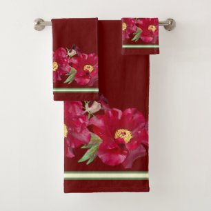 Conjunto De Toalhas Borda Floral Vermelha de Peony sobre Fundo Vermelh