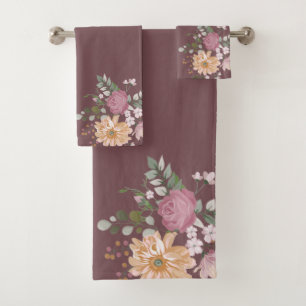 Conjunto De Toalhas Bordas Florais de Folhagem Rosa-Rosa Dusty