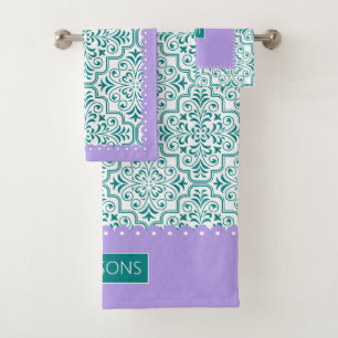 Conjunto De Toalhas Bordas roxas roxas de cor damasco branca teal