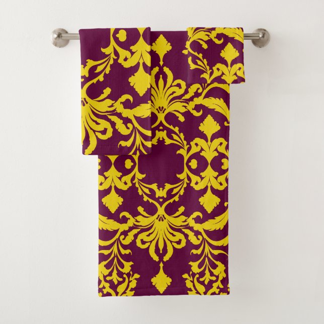 Conjunto De Toalhas Borgonha e Dourado Damasco Real (Insitu)