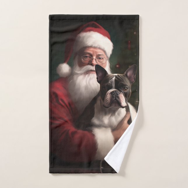 Conjunto De Toalhas Boston Terrier com Papai Noel Natal Festivo (Toalha de mão)