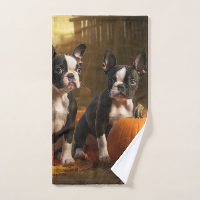 Conjunto De Toalhas Boston Terrier Puppy Autumn Delight Pumpkin (Toalha de mão)
