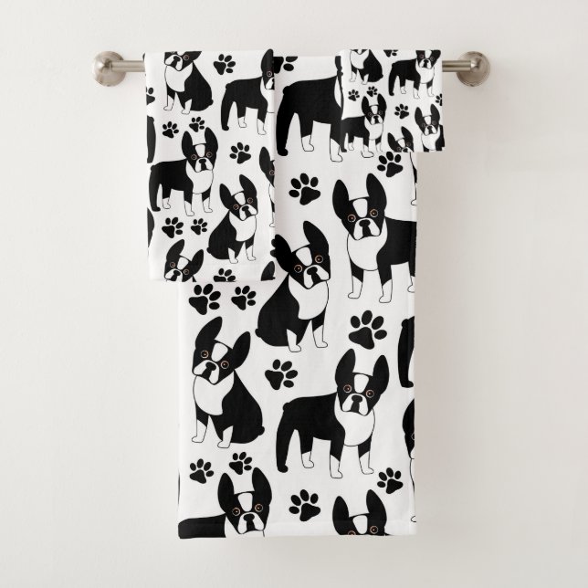 Conjunto De Toalhas Boston Terriers em Branco e Negro (Insitu)