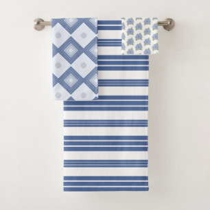 Conjunto De Toalhas Branco E Azul Moderno, Floral E Stripe Misturados