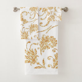 Conjunto De Toalhas Branco Floral Elegante Dourado