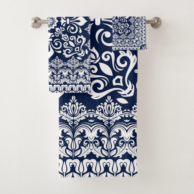 Conjunto De Toalhas Branco oriental do damasco no azul (Insitu)
