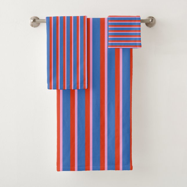 Conjunto De Toalhas Bright Blue Red Pink Retro Stripe Pattern (Insitu)