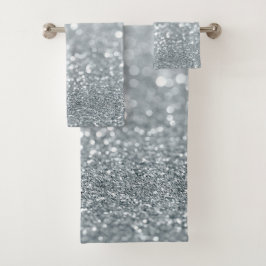 Conjunto De Toalhas Brilho Glamour Bokeh Prateado Branco na Moda