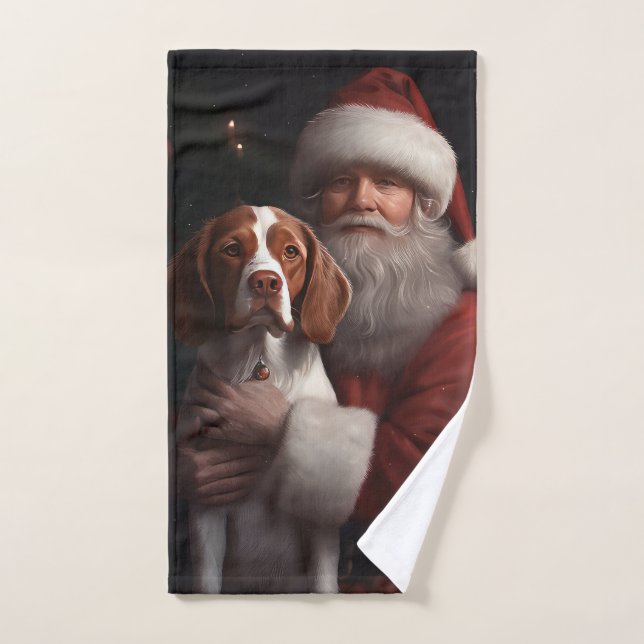 Conjunto De Toalhas Brittany Spaniel Com Papai Noel Natal (Toalha de mão)