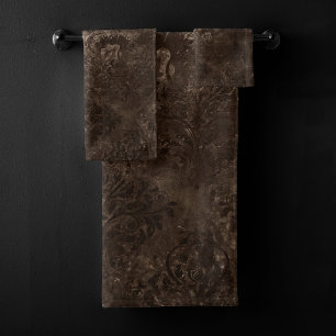 Conjunto De Toalhas Bronze Velvet Damask Grunge Floral Ouro Castanho