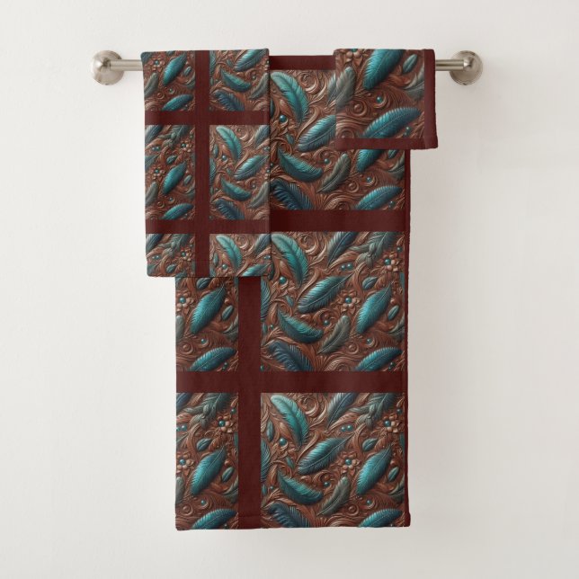 Conjunto De Toalhas Brown Tooled Faux Leather and Teal Feathers (Insitu)