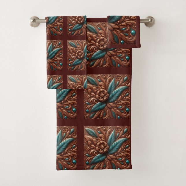 Conjunto De Toalhas Brown Tooled Faux Leather and Teal Feathers (Insitu)