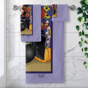 Conjunto De Toalhas Bruxa de Outono Art Nouveau Abóboras Lua Roxa