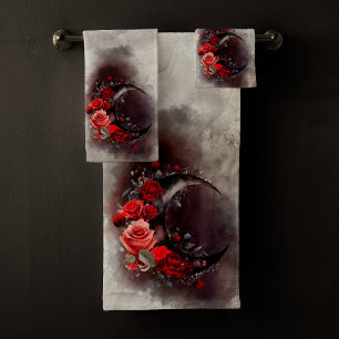 Conjunto De Toalhas Bruxaria Moon Crescente com Rosas vermelhas Góti