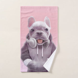 Conjunto De Toalhas Bulldog Francês com Ilustração de Fones de ouvido
