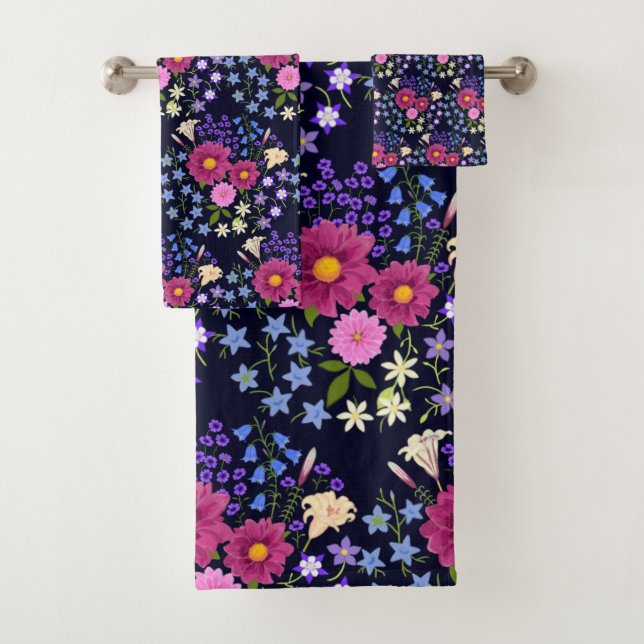 Conjunto De Toalhas Buquê de Flores Azul Escuro (Insitu)