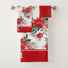 Conjunto De Toalhas Buquê de Poinsettia Vermelha com Aquarela Monogram