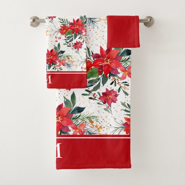 Conjunto De Toalhas Buquê de Poinsettia Vermelha com Aquarela Monogram (Insitu)
