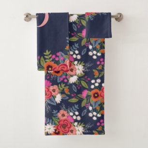 Conjunto De Toalhas Buquê floral de Boho - azul marinho & monograma