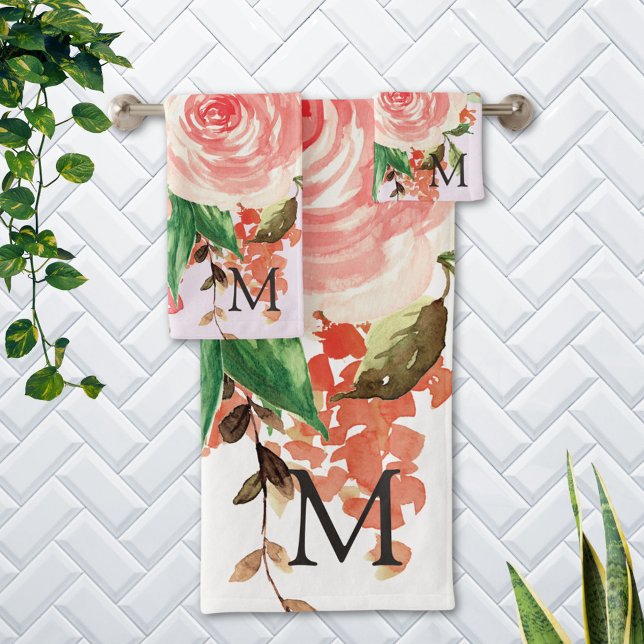 Conjunto De Toalhas Buquê Floral de Flores da Primavera Rosa Monograma (In situ Bathroom wall)