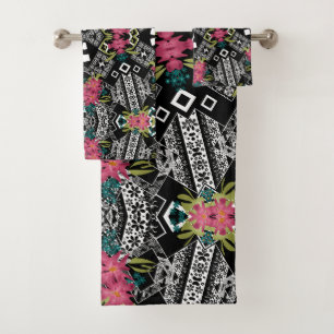 Conjunto De Toalhas Buquês de flores cor-de-rosa em uma geometria