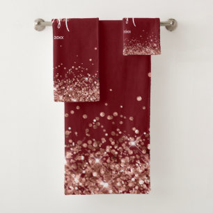 Conjunto De Toalhas Burgundy e Dourado Rosa Glitter Monograma da Famíl