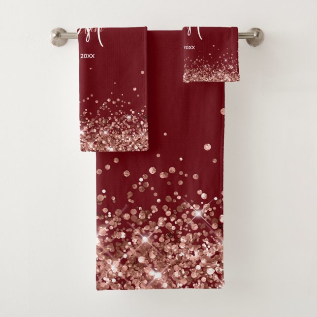 Conjunto De Toalhas Burgundy e Dourado Rosa Glitter Monograma da Famíl (Insitu)