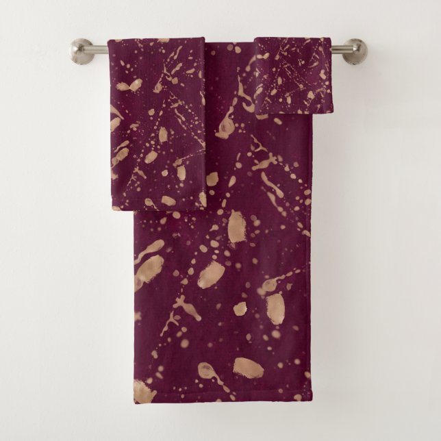 Conjunto De Toalhas Burgundy & Rosa Dourado Splatter Moderna Abstrato (Insitu)