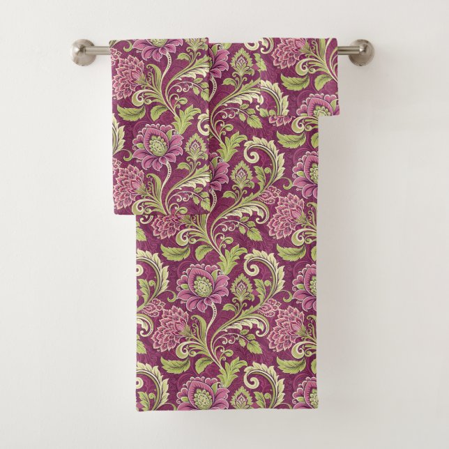 Conjunto De Toalhas Burundy & Green Floral Damask (Insitu)