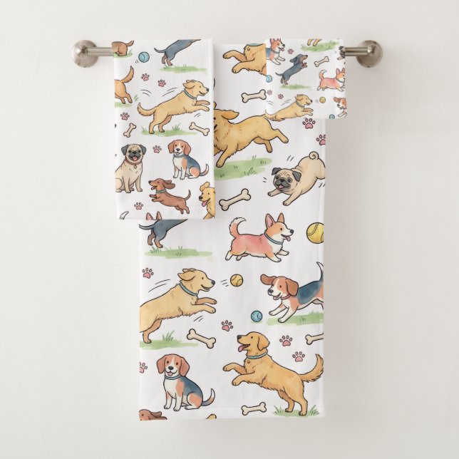 Conjunto De Toalhas Cachorros Fofos Brincando em Todo Lugar (Insitu)