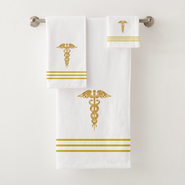 Conjunto De Toalhas Caduceu Dourado & Listras em Branco (Insitu)