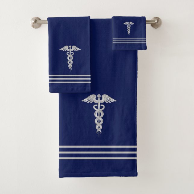 Conjunto De Toalhas Caduco prateado e faixas em azul Marinho (Insitu)