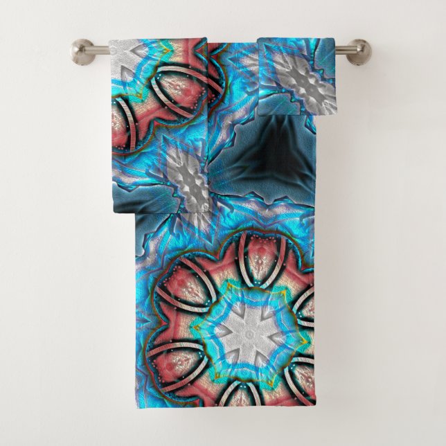 Conjunto De Toalhas Caleidoscópio ciano e prateado com pintura áspera (Insitu)
