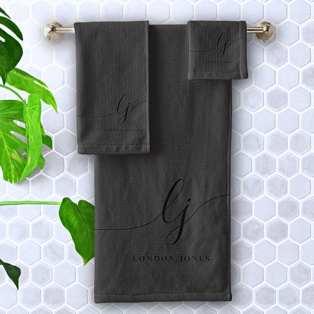 Conjunto De Toalhas Caligrafia Preta Monograma Mínima Elegante (Criador carregado)