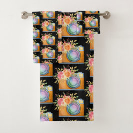 Conjunto De Toalhas Câmera Laranja Boho e Flores Padrão de Aquarela