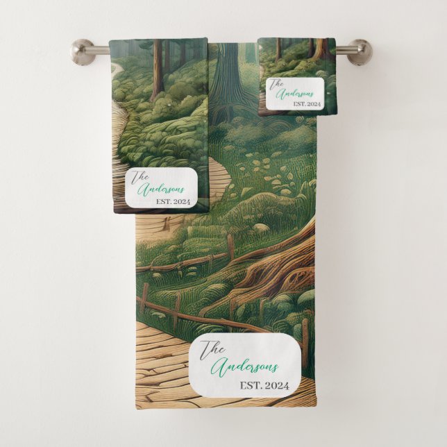 Conjunto De Toalhas Caminho da Floresta Rústica com Nome e Ano (Insitu)