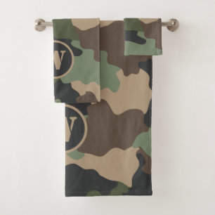 Conjunto De Toalhas Camouflage Woodland Camo Khaki Tan Black Monograma