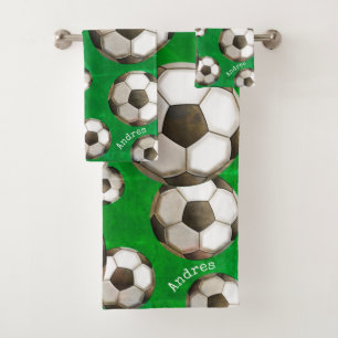 Conjunto De Toalhas Campo de Futebol Verde Personalizado   Bolas de fu