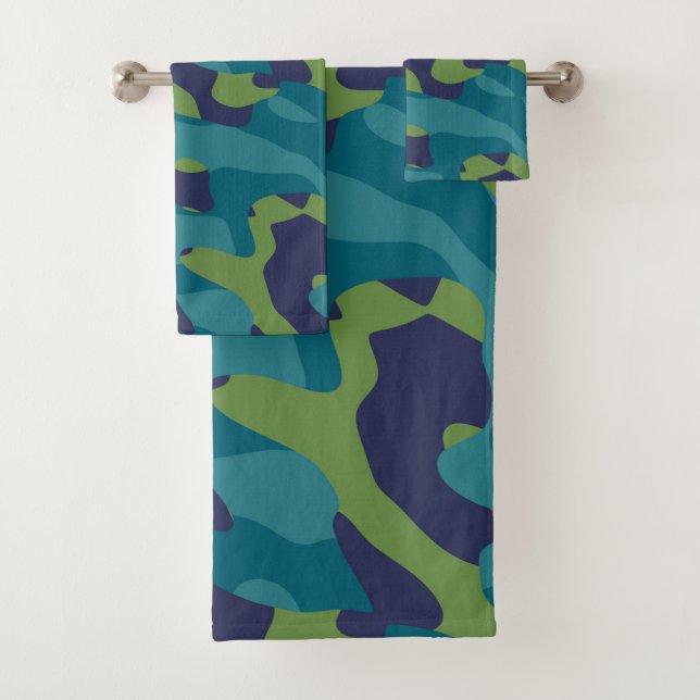 Conjunto De Toalhas Camuflado Abstrato Azul Verde e Turquesa (Insitu)